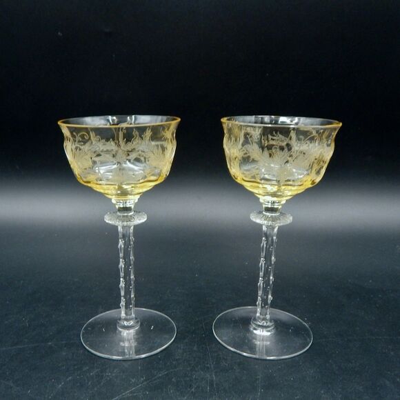 Tiffin-Franciscan Cadena Amber Mandarin Yellow Liquor Cocktail Sherry Glass S/2 - Picture 2 of 7